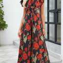 Gardenwed Women's Floral Wide Leg Jumpsuit, Ruffle Short Sleeve Square Neck Summer Casual Palazzo Romper with Pockets (Medium)