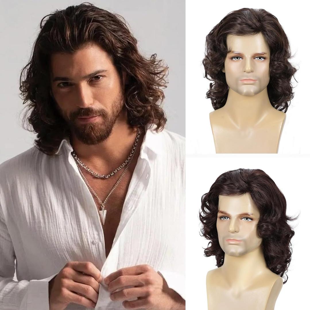 Long Hair Wig for Men Men's Brown Wig Natural Wavy Curly 70s 80s Rocker Cosplay Synthetic Wigs for Halloween Accessory(Brown)