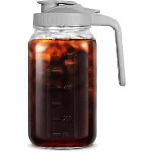 32oz Glass Pitcher with Handle and Lid, 1 Quart Mason Jar Pitcher - Airtight & Leakproof Water Jug with Pour Spout Lid, Glass Containers for Fridge, Perfect for Juice, Cold Brew, Iced & Sun Tea