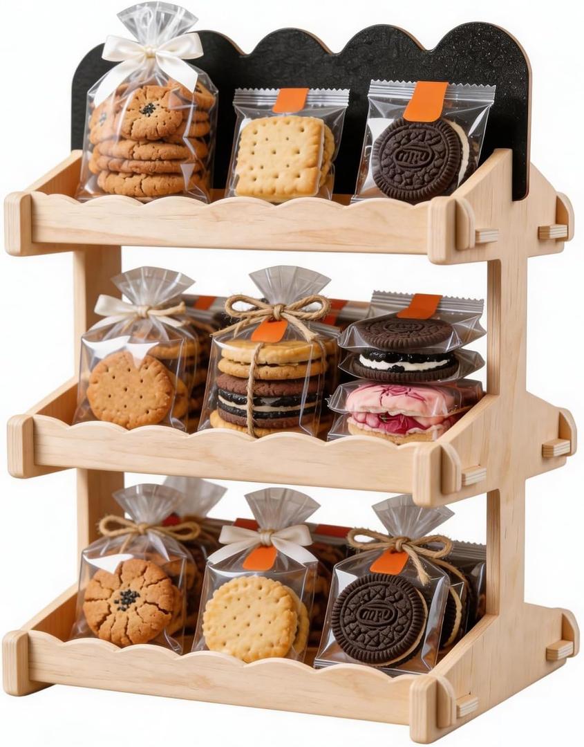 Cookie Display Stand, 3 Tier Wooden Stand for Cupcake, Pastries, Snacks | with Chalkboard Sign for Bakers, Vendor Booths, Craft Fairs & Markets, 6.5inch Interval Tiered Seving Tray for Party