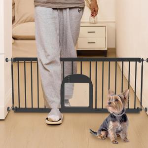No Pawblems Dog Gate with Small Pet Door, 16"-42.7" Adjustable Metal Short Dog Gate to Step Over, 16.5" Tall, with 3 Extension Kits, Pressure Mounted, for Doorways & Stairs, Black