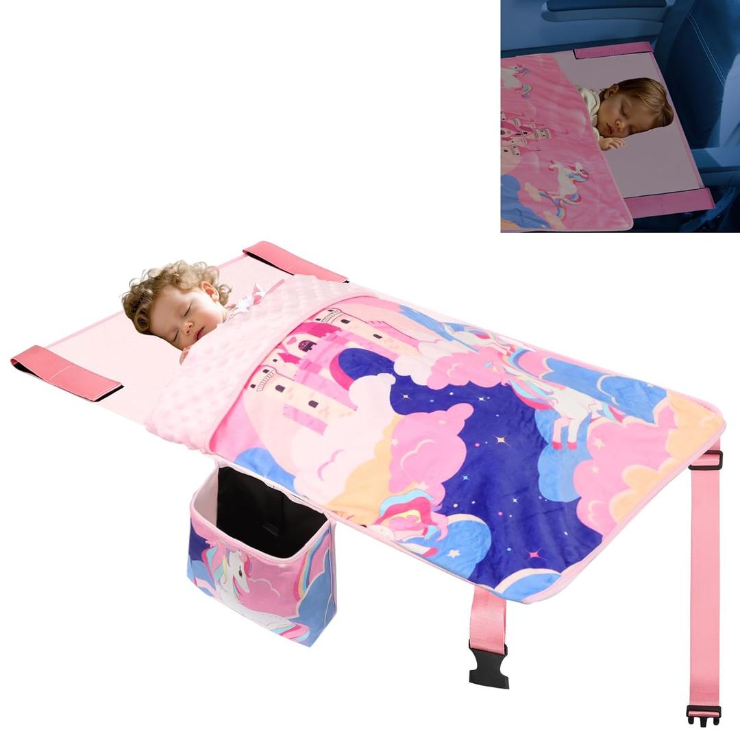 Airplane Bed for Toddler with Blanket, Baby Airplane Travel Essentials, Airplane Seat Extender for Kids, Unicorn