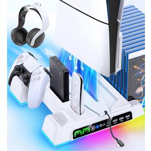 Cooling Stand for PS5/ Slim/Pro Disc & Digital Console, PS5 Cooling Station with Dual Controller Charging Station for PlayStation 5 Console, 3-Level Cooling Fan & Controller Charger Dock Accessories (White)