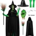 Witch Costume Women, 7Pcs Witch Hat, Hooded Cape, Green Color Decorative Face Body Kit, Long Gloves with Nails, Glasses and Broom, Halloween Cosplay Outfits Accessories Set for Adult