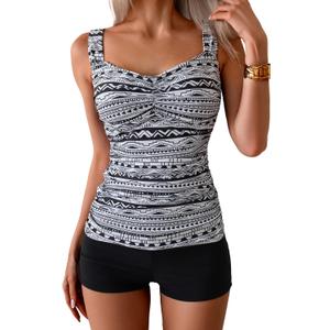 B2prity Women's Tankini Swimsuit Tummy Control Ruched Two Piece Bathing Suit Push Up Modest Swim Suits with Shorts, 2XL