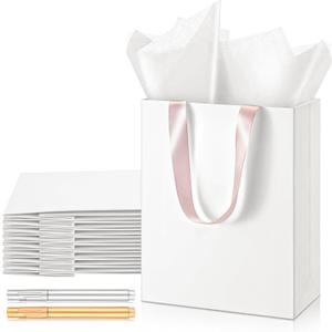 Yeaqee 24 Pcs 12 Sets Wedding Gift Bags with Metallic Markers Tissue Paper, 9 x 7 x 3.15 Personalized DIY Ribbon Handle Gift Bags for Valentines Birthday Shopping Bridal Baby Shower(White, Rose)