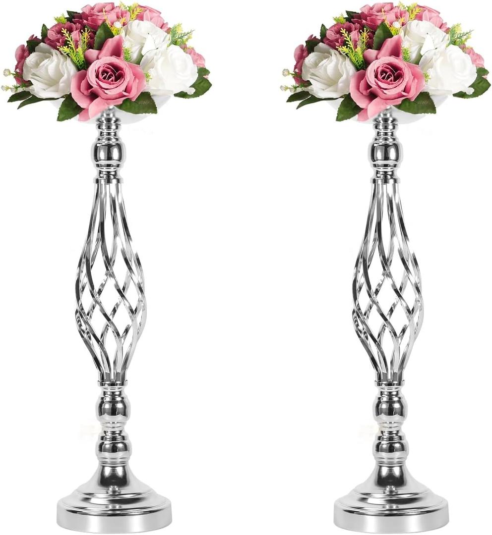 2pcs Metal Silver Candle Holders Road Lead Table Centerpiece Stand Pillar Candlestick for Wedding Candelabra Flowers Vases