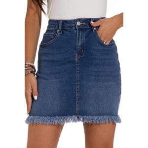 GUANYY Womens Denim Skirt Raw Hem Bodycon Stretch Casual High Waisted Jean Mini Skirt (Blue, L)