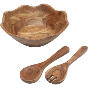Gibson Home Sandhurst 3-Piece Acacia Wood Salad Bowl Set 12-Inch Scalloped Serving Bowl with Wooden Salad Servers Natural Rustic Finish for Dining, Entertaining, or Gifting