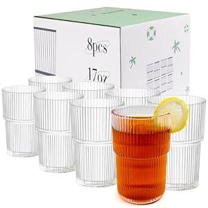 RÉΑLWÁY 17oz Shatterproof Ribbed Glasses, Plastic Tumblers for Poolside – Clear Acrylic Cups, Stackable & Reusable, Dishwasher Safe Drinkware – Set of 8