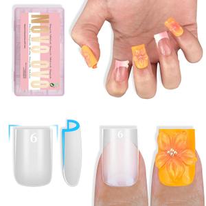 NOVO OVO Sharp Square Short Nail Tips Press on, Natural (Not Sculpted) No C Curve Soft Gel Double Matte Clear Fake Nail Extension, Full Cover False Nails for Salon DIY Manicure x 15 Sizes 240 pcs