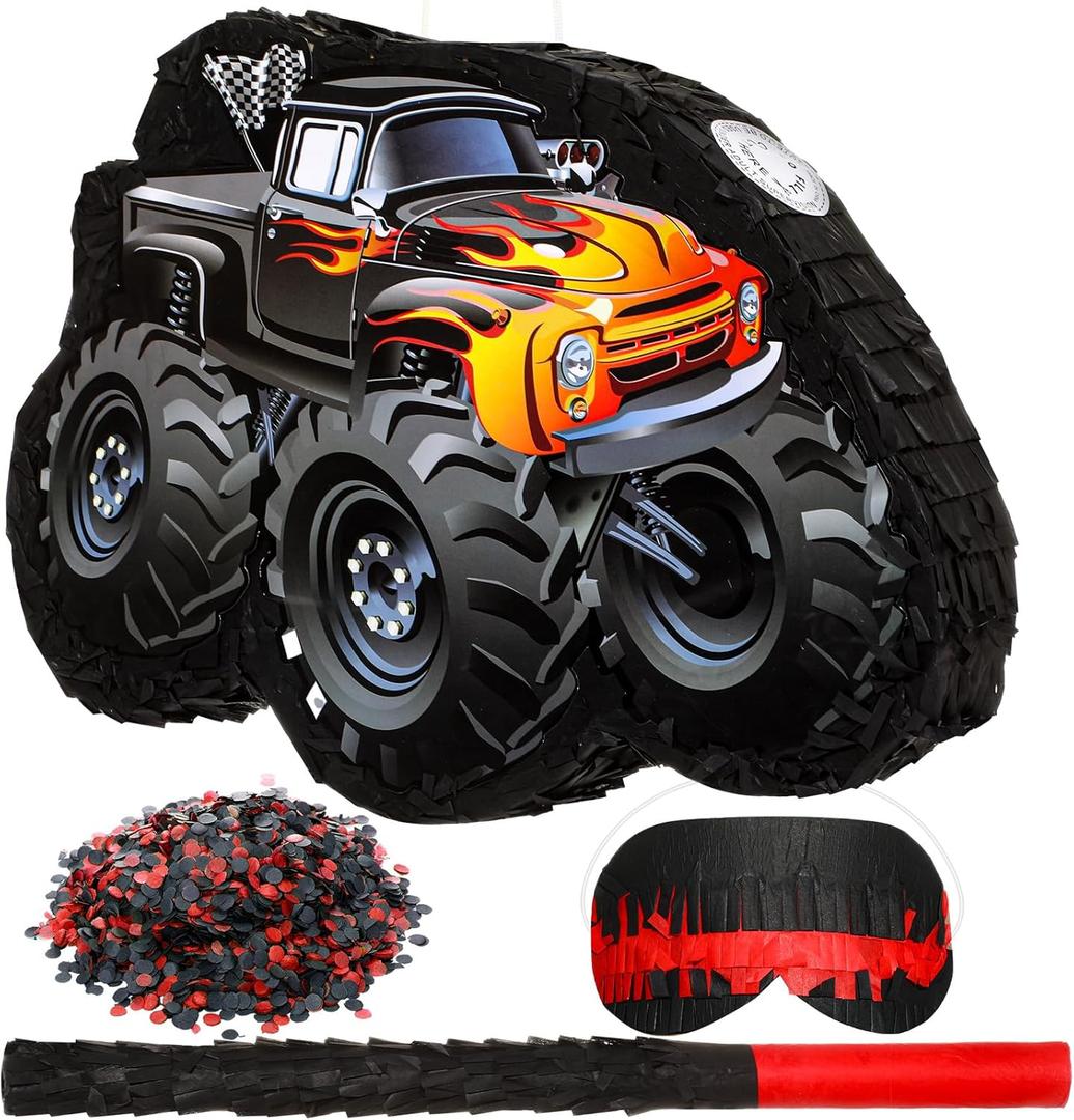 Fulmoon 3D Truck Piata 16 Inch Monster Truck Piata Construction Piata with Stick Blindfold Confetti Boys Birthday Party Supplies for Birthday Mexican Party Decorations Carnival Events (Novel)