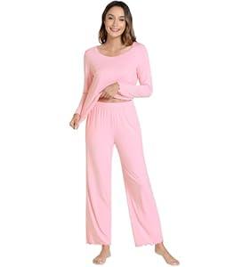 NACHILA Women's Pajamas Set-Viscose Made from Bamboo, Long Sleeve Sleepwear Top with Pajama Pants Ladies Pjs Set with Pockets Pink Large