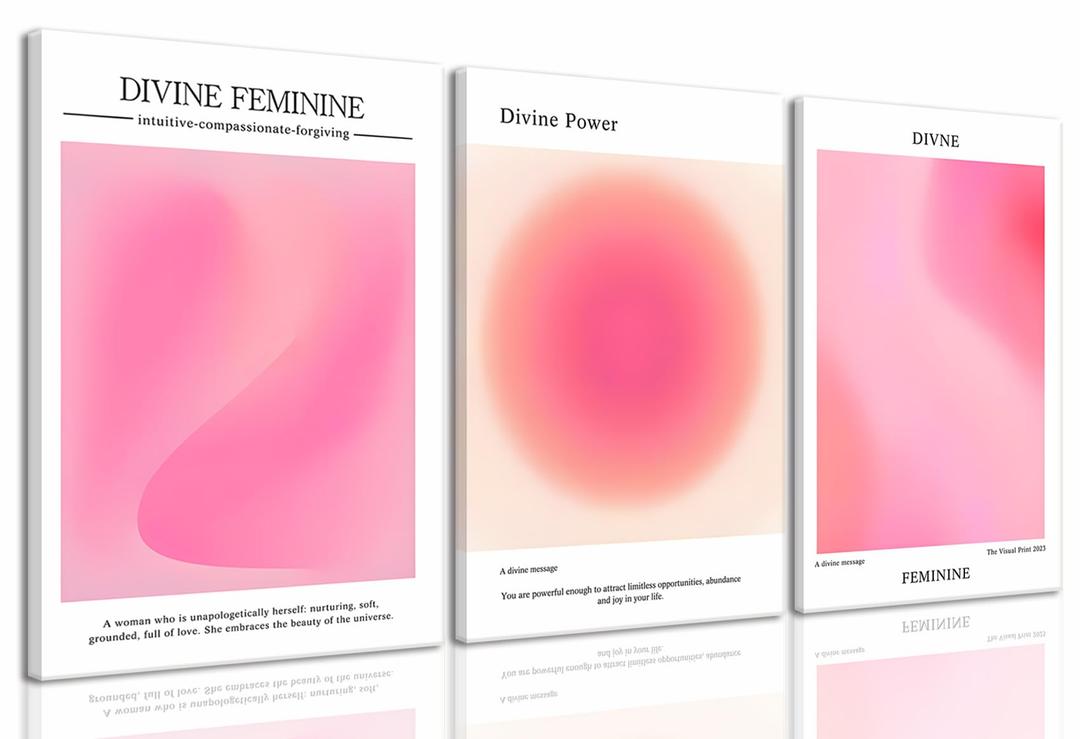 KISSFOX 3 Piece Canvas Wall Art Pink Wall Decor Aura Framed Art Divine Feminine Pictures Trendy Aesthetic Preppy Paintings For Apartment Dorm Women Girls Bedroom