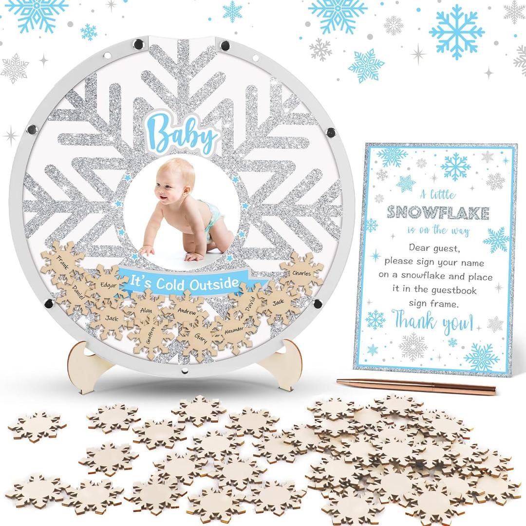 64 Pcs Baby Shower Guest Book Alternatives a Little Snowflake Is on the Way Baby Shower Decorations Wooden Winter Christmas Baby Its Cold Outside Picture Frame Keepsakes for Guests Boy Gender Reveal