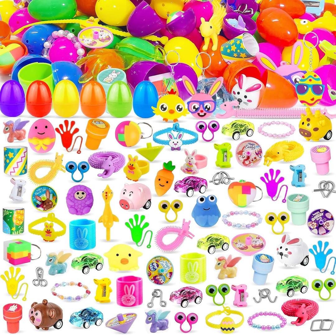 3 x 100PCS Prefilled Easter Eggs with Novelty Toys, Plastic Easter Egg Fillers Toys Bulk for Easter Egg Hunt, Easter Basket Stuffers for Kids Toddler Boys Girls Goodie Bag Easter Eggs Filled Party Favors