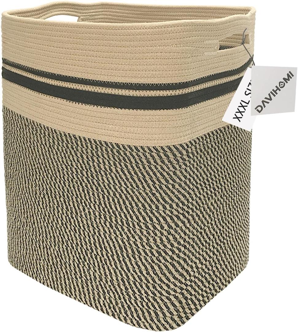 Laundry Hamper, Blanket Basket, Laundry Basket, Rope basket with Handles, Tall Storage Basket for Organizing, Large Basket for Living Room, Bedroom, Laundry Room 16x13x22inch (Black/Jute)