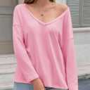 Tankaneo Womens Oversized Long Sleeve Shirts Deep V Neck Fall Tops Casual Loose Fit Tunic Basic Tees (Pink)
