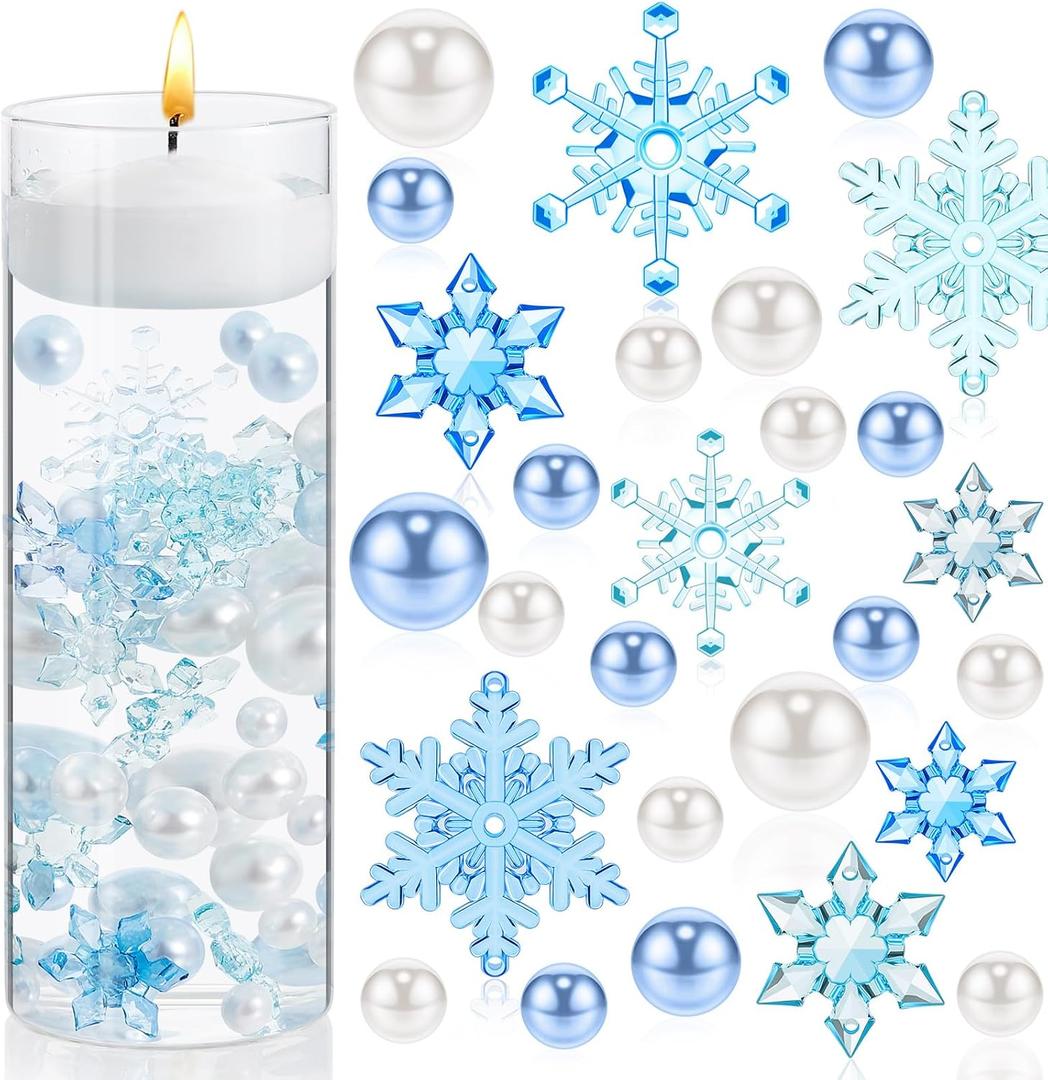 MTLEE 106 Pieces Christmas Vase Filler Pearl for Vase Fillers Floating Candles Centerpiece Beads Vases Pearls Filler for Christmas Home Table Party Decor, Not Included Clear Beads (Snowflake Style)