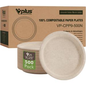 Vplus 500 Pack Paper Plates 9 inch 100% Compostable, Heavy-Duty Disposable Paper Plates Bagasse Natural Biodegradable Eco-Friendly SugarcaneNature