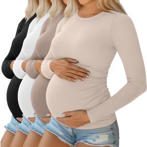 Ficerd 4 Pack Women's Maternity Shirts Cotton Long Sleeve Ribbed Crew Neck Pregnancy Tops Side Ruched Casual Mama Clothes (X-Large, Black, White, Light Coffee, Apricot)
