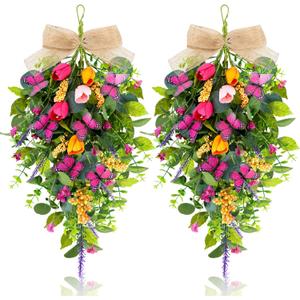 2 PCS 24'' Spring Swags for Front Door Artificial Tulip Teardrop Swags Lavender Butterfly Eucalyptus Swags Wreath Spring Summer Floral Hanging Swags for Farmhouse Wedding Cabinet Home Outdoor Decor