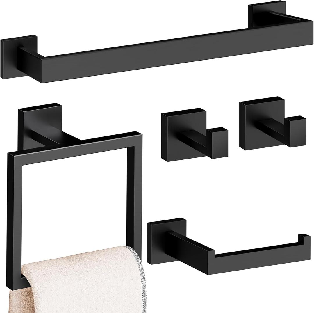 5-Piece Bathroom Hardware Accessories Set, 23.6 Inch SUS304 Stainless Steel Towel Bar Set, Wall Mounted Bathroom Towel Holders, Towel Hooks with Toilet Paper Holder (5 Piece-23.6 inch, Matte Black)