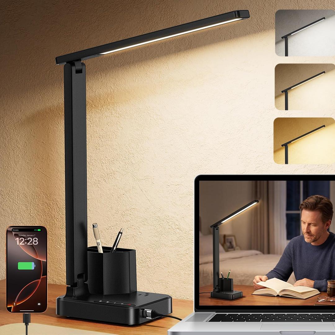 cozoo LED Desk Lamps for Home Office, Modern Dimmable Eye Caring Desk Light with USB Charging Ports AC Outlet, Pen Holder,Touch/Memory/Timer, Kids Small Table Lamp for Reading, Bedroom, Study, Craft
