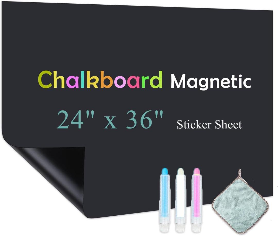 Chalk Board Contact Paper with Adhesive, 24" x 36" Magnetic Chalkboards for Wall, Wallpaper Sheets for Office for School and Kids, Includes Liquid Chalks Markers and Dishcloth and Magnet (Black)