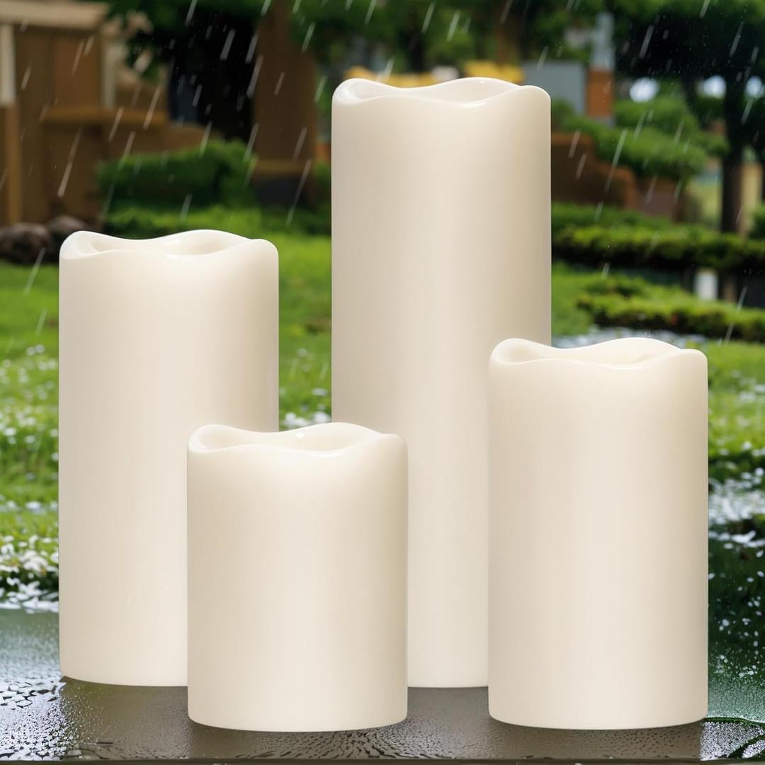 Eldnacele Waterproof Flameless Flickering Candles with 6 Hours Timer, Indoor Outdoor White LED Plastic Battery Operated Pillar Candles Pack of 4 Wedding Dinner Home Decor, D3x H4 5 6 8