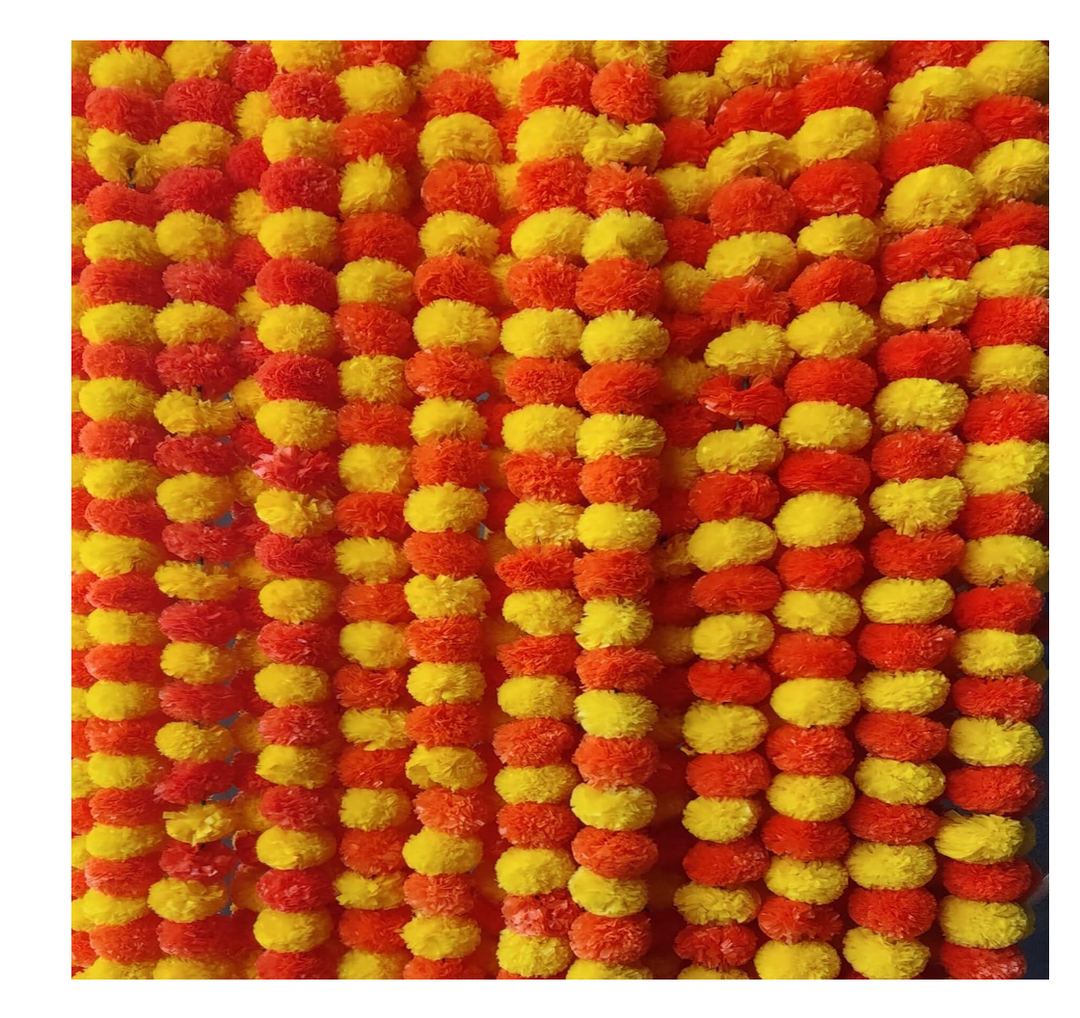 5 PC - 4.5 feet Marigold Garland | Indian/American Wedding Party Mantle Decoration | Faux Garlands Wedding Garland | Diwali Decoration | Spring Bush Floral | (Yellow Orange)
