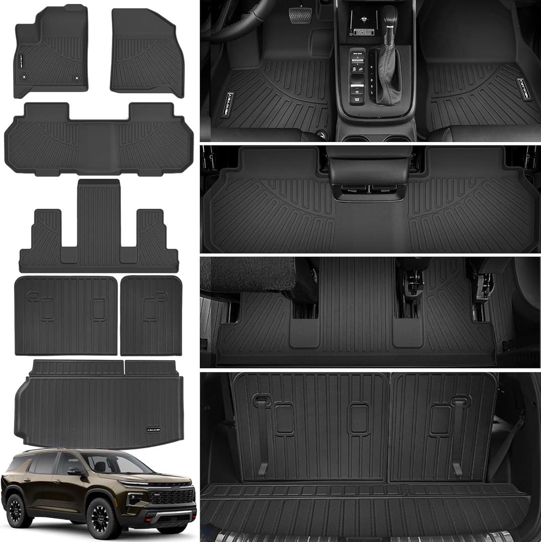 Floor Mats & Trunk Mat for All-New 2024 2025 Chevrolet/Chevy Traverse (7 Seats) with Backrest Mat All Weather Protection TPE Rubber Full Set Floor Liners Automotive Accessories, Black (For 2024 2025 Traverse 7 Seats)