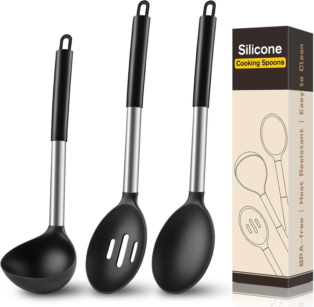 3 Pcs Silicone Cooking Spoon Set, Kitchen Utensils Include Solid & Slotted Spoon, Soup Ladle, Food-Grade Heat Resistant, Non-Scratch Spoons for Serving, Stirring, Draining, Dishwasher Safe, Black
