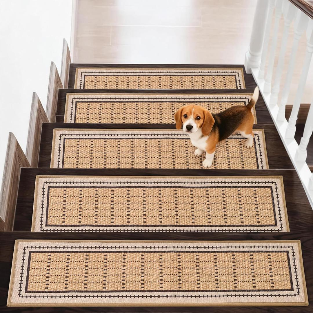 Stair Treads Non Slip 15PCS - 8"x30" Indoor Stair Runners for Wooden Steps, Soft Carpet Stair Treads, Edging Stair Rugs, Peel and Stick Stair Treads Washable Reusable Adhesive (Beige)
