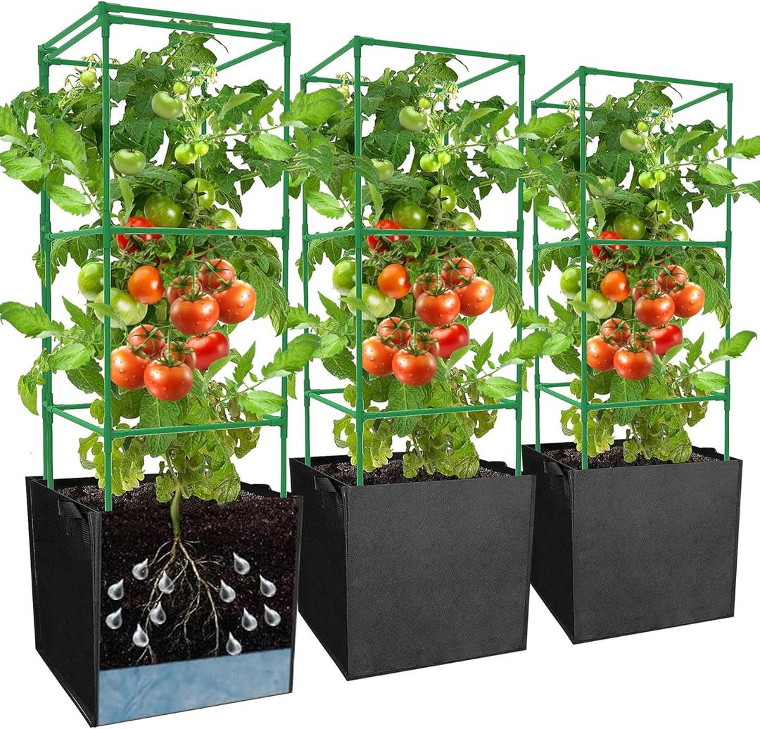 3 Packs 47 x 16 x 16 Inch Garden Tomato Cages with 17.7 Gallon Grow Bags- Square Plant Support Trellis Assembled with Planter Bags- Garden Cucumber Vegetables Frames for Vertical Climbing Plants
