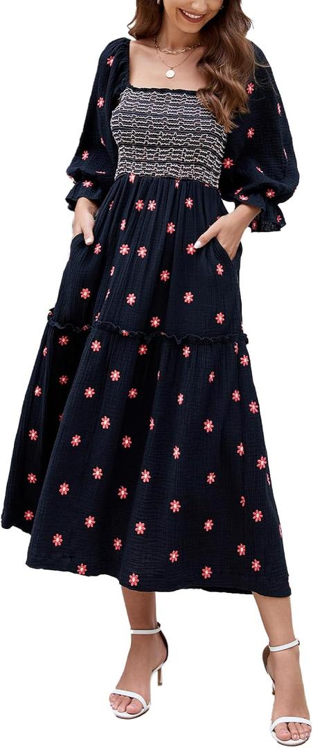 ABYOVRT Women Floral Embroidered Maxi Dress Long Puff Sleeve Square Neck Bohemian Flowy Dress with Pockets Summer Fall, Small