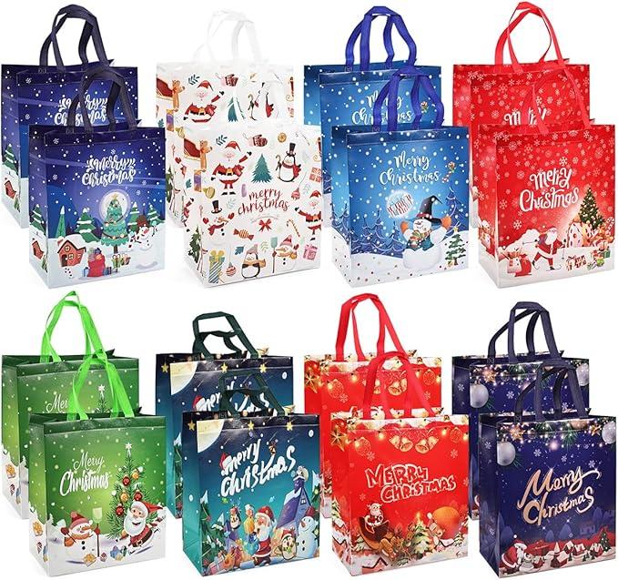 16PCS Large Christmas Gift Bags, Christmas Tote Bags with Handles, Christmas Treat Bags, Multifunctional Non-Woven Christmas Bags for Gifts Wrapping Shopping, Xmas Party Supplies, 15"×13.8"× 5.9"