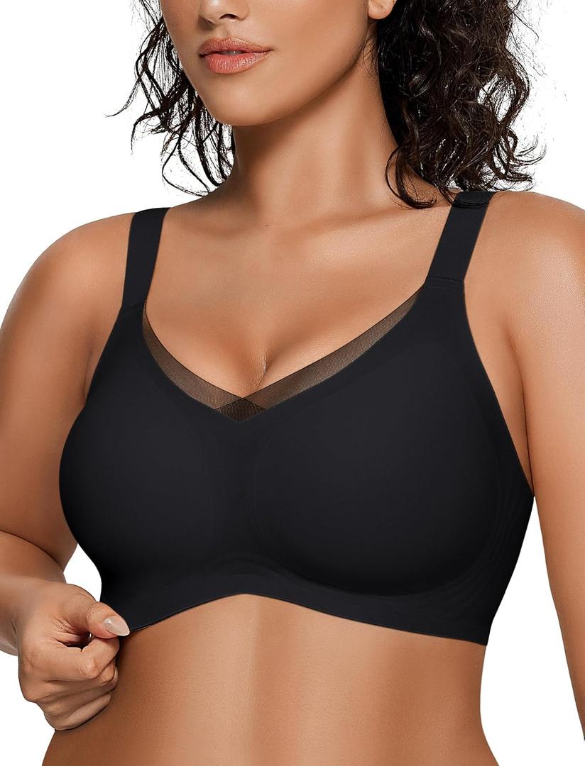 OEAK Womens Wireless Bras V Mesh Comfortable Bralette Supportive Tshirt Bra No Underwire Seamless Push Up Everyday Bras (Large, Black)