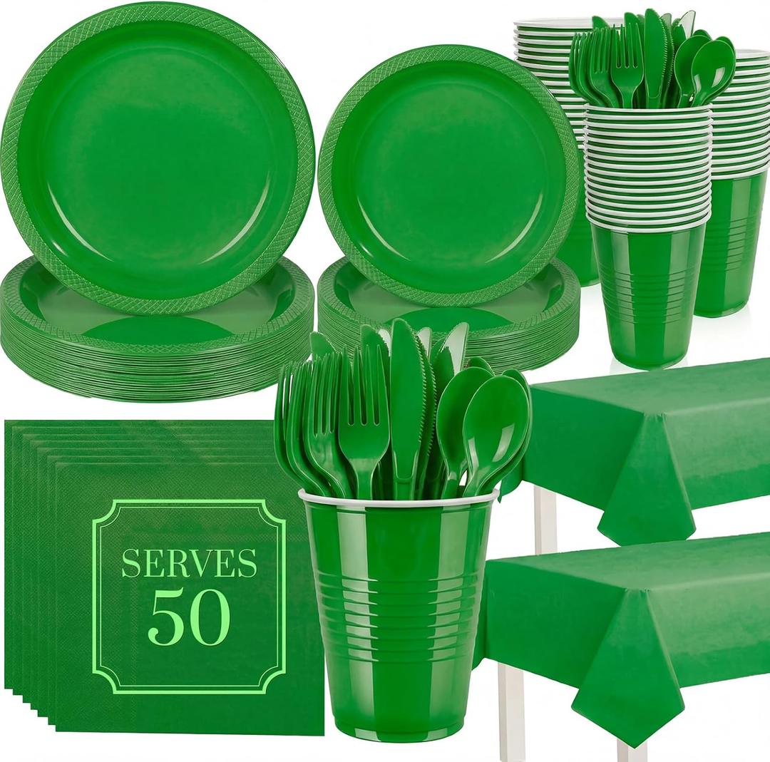 352 Pcs Green Plastic Plates Party Set, 50 Guests Disposable Dinnerware Set with Green Tablecloths, Fresh Green Plastic Plates Party Set for Garden Party/BBQ/St. Patrick's Day/Eco-Theme Event