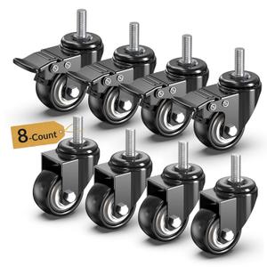 HOLKIE Stem Caster Wheels 2 inch Total Casters Set of 4, Threaded Stem 3/8" -16 x 1 (Diameter 3/8", Length 1") Swivel Heavy Duty Castors Black 8 Pack (Black-With Brake& No Brake-8pack)