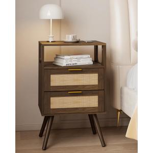 JOONEE Rattan Nightstand,Farmhouse Bedside Table with 2 Storage Drawer and Open Wood Shelf, for Bedroom and Small Spaces,Night Stand with Solid Wood Legs (Walnut Brown)