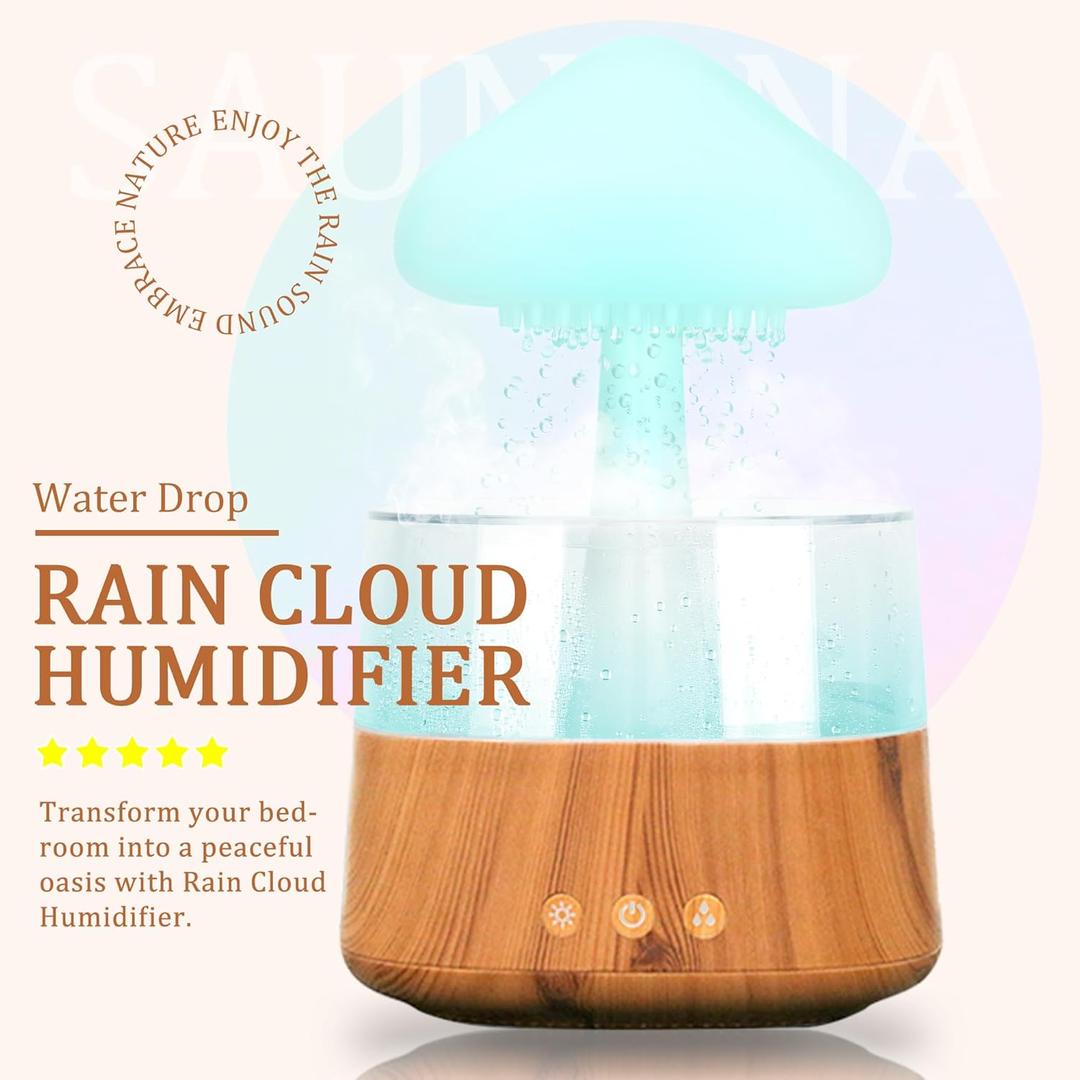 Rain Cloud Humidifier Water Drip with Adjustable LED Lights White Noise Humidification Desk Fountain Bedside Sleeping Relaxing Mood (Wood)