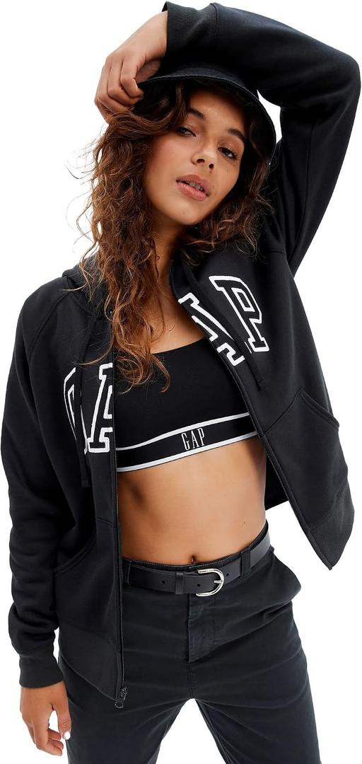 GAP Women's Logo Hoodie Hooded Full Zip Sweatshirt (Black, S)