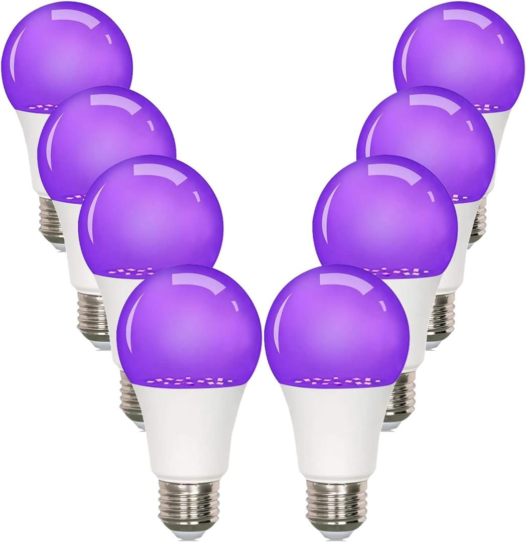 8-Pack LED Black Bulb, A19, UVA 385-400NM, 9W (100W Equivalent), E26 Head, Non-Dimmable, for Halloween Decorations, Glow Parties, Posters