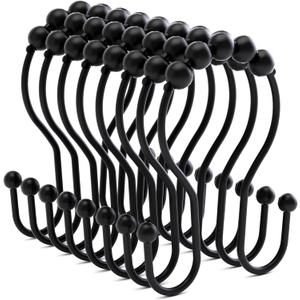 Bathway Shower Curtain Hooks Shower Curtain Rings Black Shower Curtain Hooks RustProof Smooth Metal Double Shower Curtain Hook, Shower Hooks for Shower Curtain Liner Bathroom Shower Rod Hook