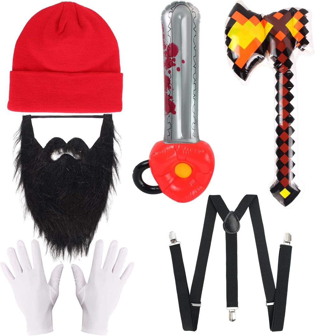 Kyson Halloween Lumberjack Costume Accessories Set-Lumberjack Plaid Beanie Suspender Gloves Prop Axes Whisker Dress Up Kit