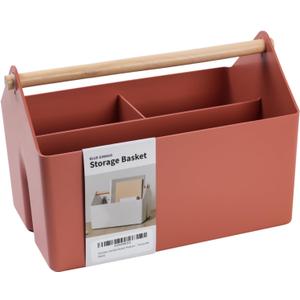BLUE GINKGO Medium Storage Basket  Plastic Caddy with Wooden Handle for Office, Arts & Crafts, or Home Supplies (Terracotta)