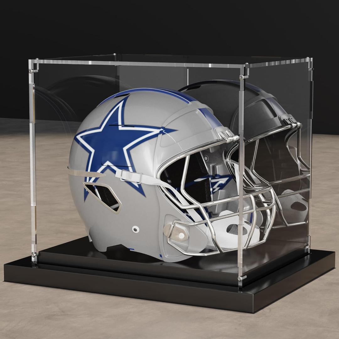 Mini Helmet Display Case Acrylic Clear Football Stand Holder with Mirror Back and Black Metal Grooved Base Stackable Mini Helmet Showcase for Souvenirs Collectibles