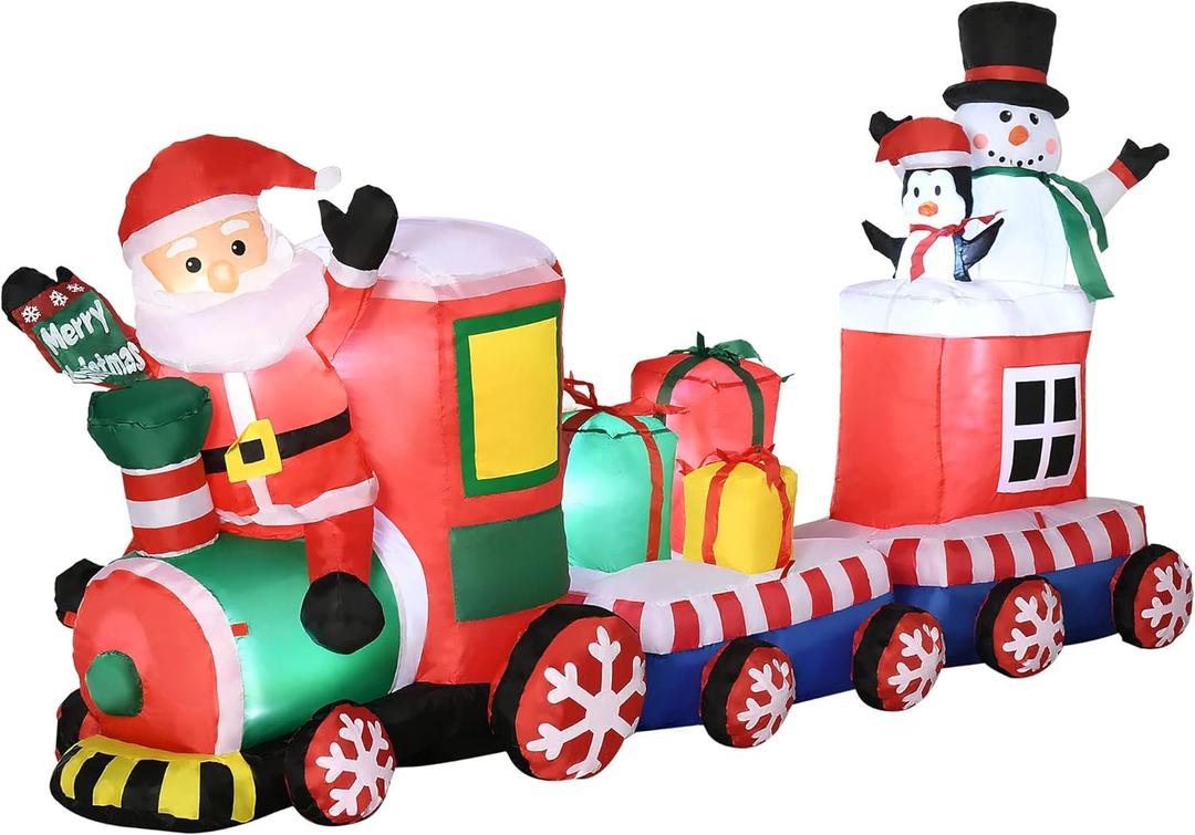 Outsunny 8ft Christmas Inflatables Outdoor Decorations Train with Santa Claus, Snowman, Penguin and Gift Boxes, Blow-Up LED Yard Christmas Decor for Lawn Garden Party