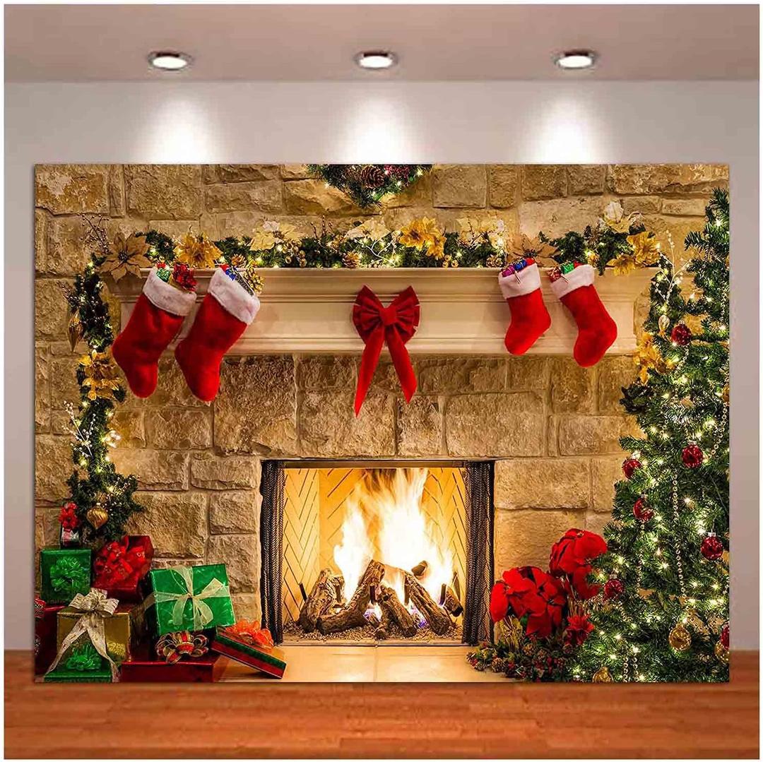 XLL, Christmas Photography Backdrops Christmas Fireplace Decoration Background for Photo Happy Holiday Party Decoration Props 8x6 Ft, 8x6 Ft (240CM X 180CM)